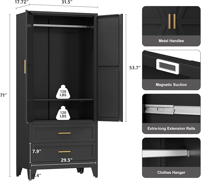 Farmhouse Wardrobe Cabinet with 2 Drawers,Metal Wardrobe Closet with Hanging Rod,Metal Armoire with Adjustable Shelves for Bedroom,Living Room, Cloak Room,Office (Blakc)-DeskLoop Office