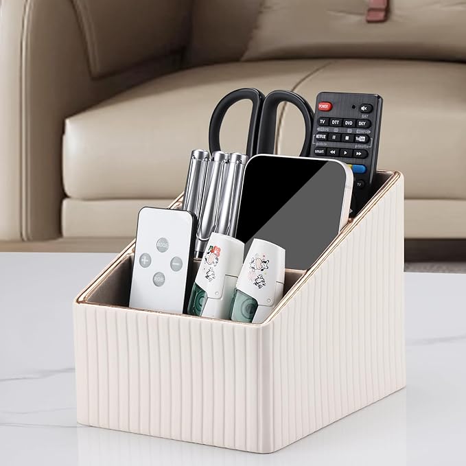 KINGFOM Remote Control Holder with 3 Compartments, Pu Leather Remote Caddy Desktop Organizer for TV, CD, Blu-Ray, Media Player, Heater Controllers and Cosmetics Office Supplies Light Beige-DeskLoop Office