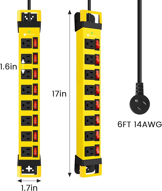 Heavy Duty Power Strip with Individual Switches,8 Outlets 14 Gauge Industrial Shop Garage Metal Multiple Outlets,1200J Surge Protector Mountable Power Strip,6FT Extension Cord Management(Yellow)-DeskLoop Office
