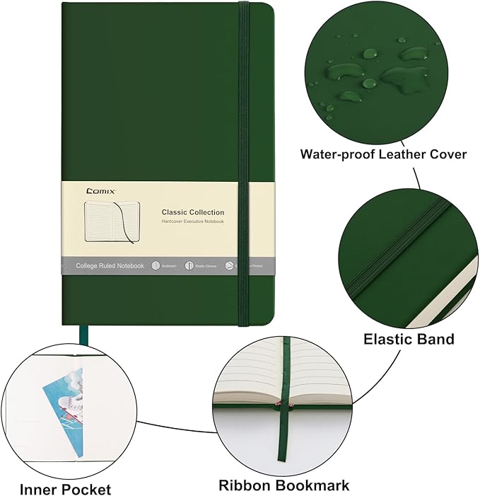 Comix 6 Pack Lined Journal Notebooks for Work, 240 Pages, 5.5"x8.3", Dark Green, Hardcover, A5 Medium College Ruled, Journaling Notebooks for Notes-taking, Fits for Office School Home-DeskLoop Office