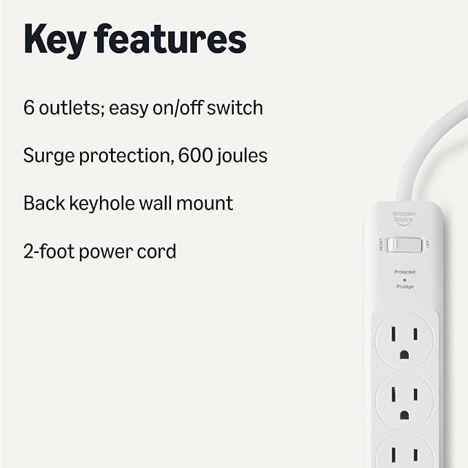 Amazon Basics Rectangle 6-Outlet, 600 Joule Surge Protector Power Strip, 2ft, Small, White, 2-Pack-DeskLoop Office