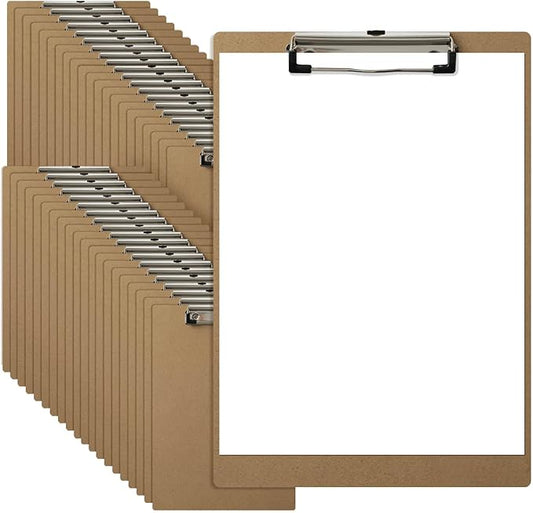 HappyHapi 42 Pack Clipboard 8.5 x 11 Letter Size Clip Boards Bulk, A4 Wooden Hardboard Office Clipboards Pack for Classroom, Work-Meetings, Brown