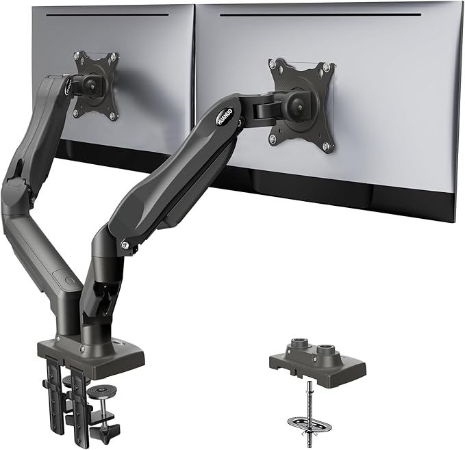 HUANUO Dual Monitor Stand - Full Adjustable Monitor Desk Mount Swivel Vesa Bracket with C Clamp, Grommet Mounting Base for 13 to 32 Inch Computer Screens - Each Arm Holds 4.4 to 19.8lbs -Grey-DeskLoop Office