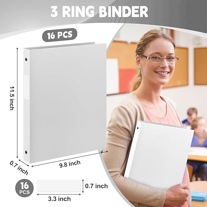 Henoyso 16 Pcs 3 Ring Binder 1/2'' Round Fits Letter Size 8. 5'' x 11'' Paper Plastic Flexible Binder Holds 100 Sheets with 1 Pockets Versatile Organizer for Office Home School (White)-DeskLoop Office