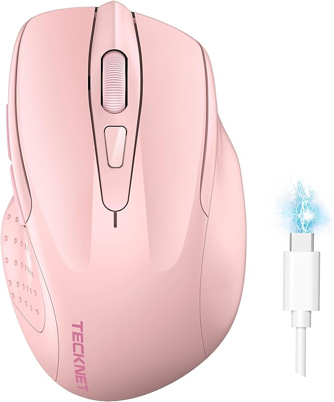 TECKNET Wireless Mouse (BT5.0/3.0 & 2.4G) Rechargeable 4800 DPI Silent USB A & Bluetooth Mouse 6 Buttons, Wide Compatibility - Pink-DeskLoop Office