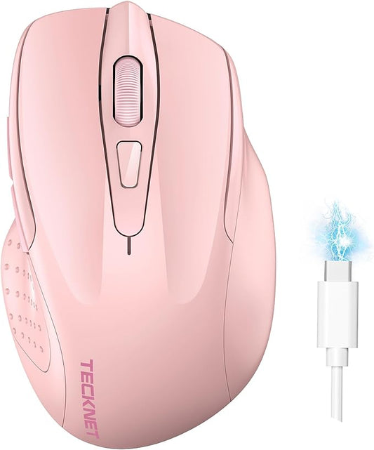 TECKNET Wireless Mouse (BT5.0/3.0 & 2.4G) Rechargeable 4800 DPI Silent USB A & Bluetooth Mouse 6 Buttons, Wide Compatibility - Pink-DeskLoop Office