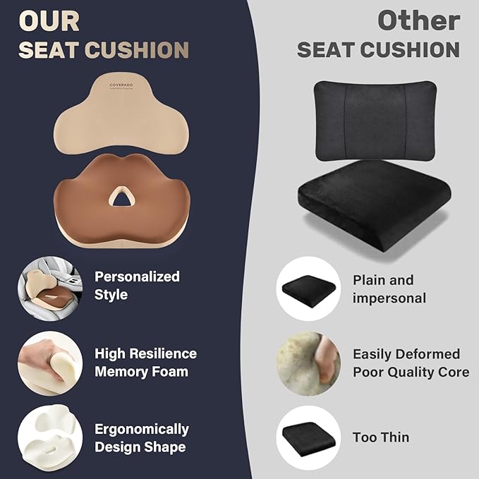 Coverado Seat Cushion and Lumbar Support Pillow for Car Office Chair, Ergonomic Memory Foam Desk Chair Cushion Back Support Pillow, Sciatica & Back & Tailbone Pain Relief Cushion-Beige-DeskLoop Office