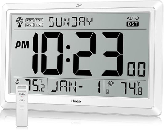 Wall Clock Atomic with Indoor Outdoor Temperature Battery Powered, Easy Reading by Hodik
