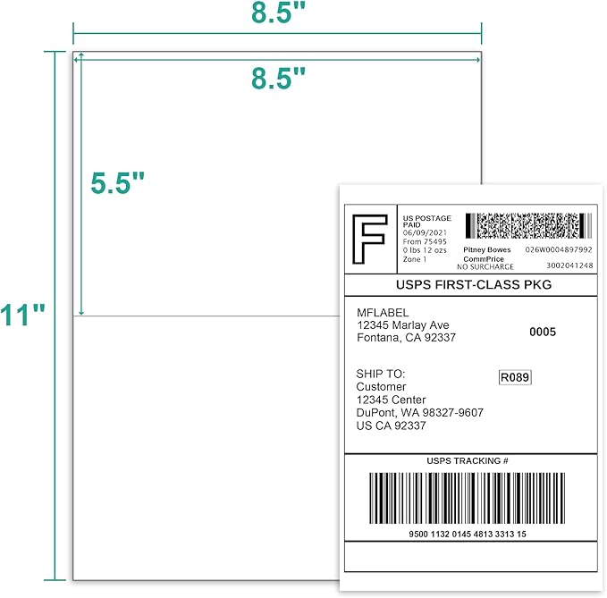 MFLABEL Half Sheet Label with Self Adhesive, 8.5 x 11 Inches Packaging Label, Address Labels, Shipping Labels for Laser & Inkjet Printers, 2000 Count(1000 Sheets)