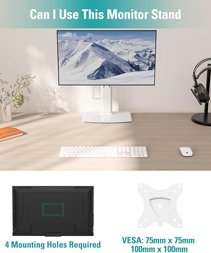 MOUNT PRO Single Monitor Stand Fits Max 32 inch Screen, Free-Standing Computer Desk Stand, Display Mount with Height Adjustable, Swivel, Tilt, Rotation, VESA Monitor Stand 100x100, White-DeskLoop Office