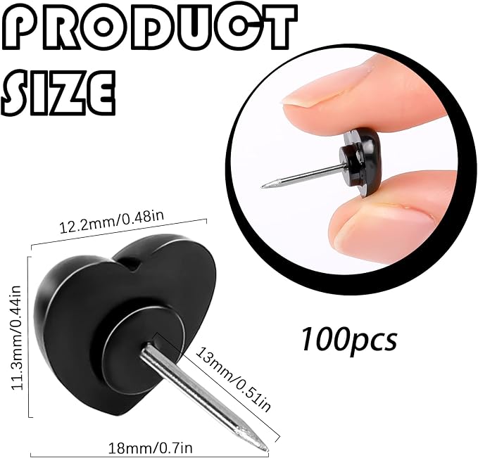 100pcs Push Pins, Plastic Pushpins Black Push Pins Heart Shaped Cute Thumb - Image 2