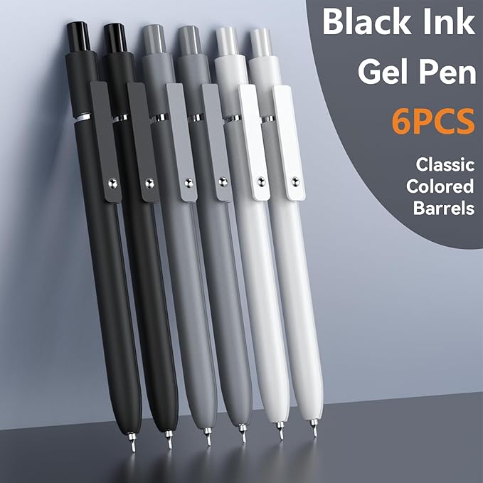 Gel Pens, 6 Pcs 0.5mm Fine Point Black Ink Pen With Smooth Writing, Office Desk Accessories, School Supplies Gifts for Men Women, Quick Dry Pens For Journaling, Black/Gray/White-DeskLoop Office