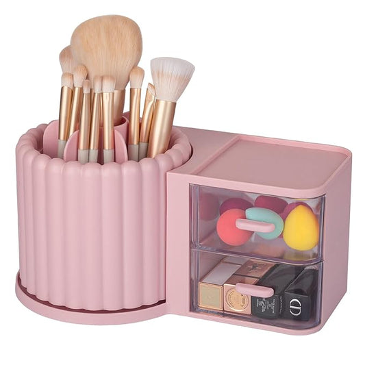 Anyoifax 360 Rotating Makeup Brush Holder 7 Slots Makeup Organizer with Drawer Removable Spinning Cosmetic Storage Pen Holder for Vanity, Dresser, Desk, Pink-DeskLoop Office
