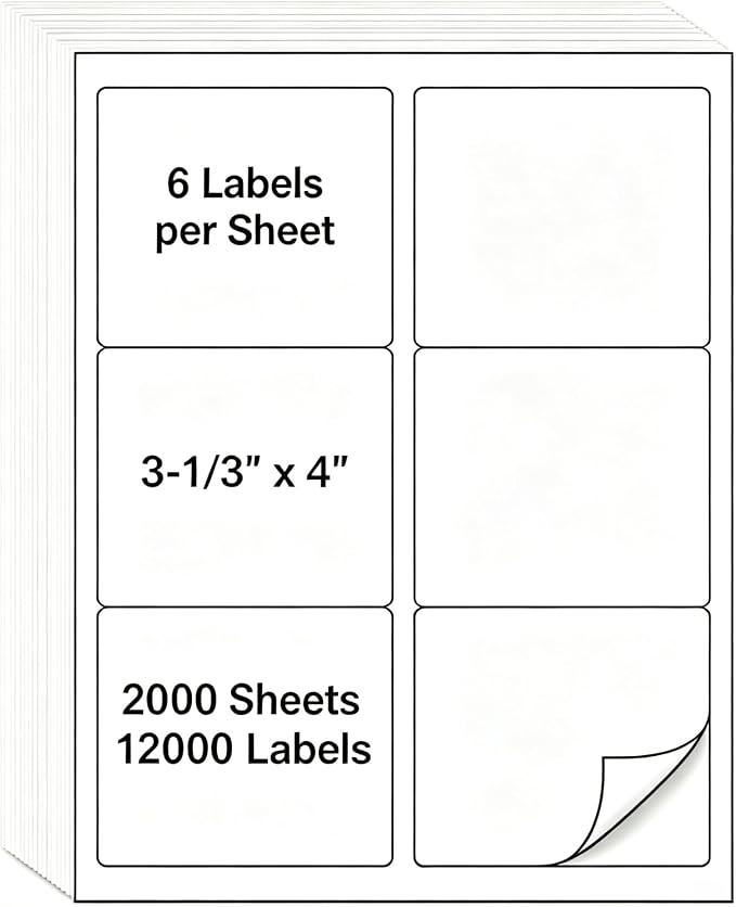 MPRT 2000 Sheets 3-1/3" x 4" Shipping Address Labels Printable Label Stickers by Unknown
