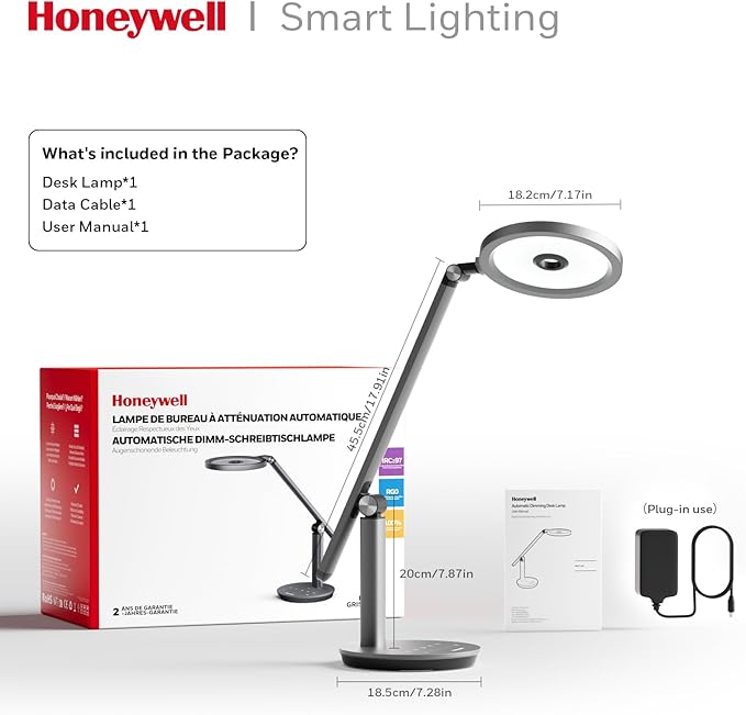 Honeywell Desk Lamp for Home Office, H6 Sunturalux™ Eye-Caring Led Desk Light, 800LM Dimmable Desk Lamp with Timer, Touch Control Tall Desk Reading Light, Table Lamp for Circle Webcam, Study, Bedroom-DeskLoop Office