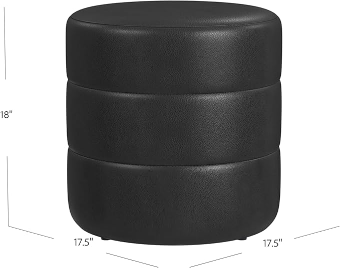 HomePop Upholstered Faux Leather Round Ottoman Home Décor|Foot Rest Ottoman- Black Faux Leather-DeskLoop Office