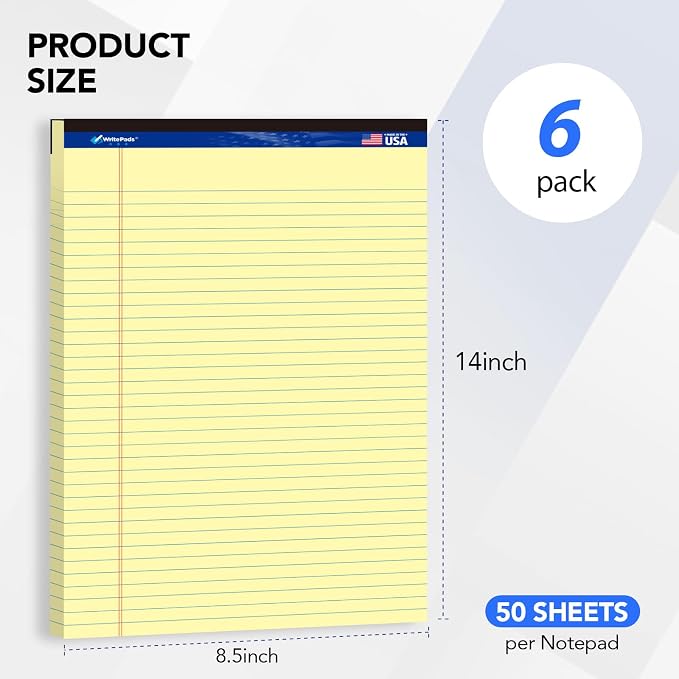 WritePads Legal Pad 8.5"x14" Note Pad, Wide Ruled Writing Pad, Canary Paper - Image 2