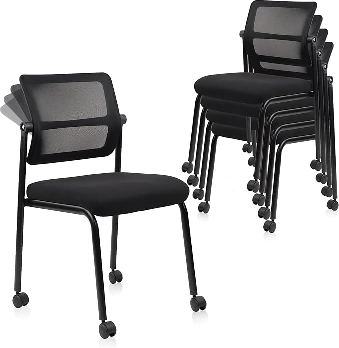 CLATINA Stacking Armless Office Waiting Room Chair with Wheels, Stackable Mesh Guest Reception Desk Chairs with Adjustable Backrest for Conference Lobby Side School, Black, 4 Pack-DeskLoop Office