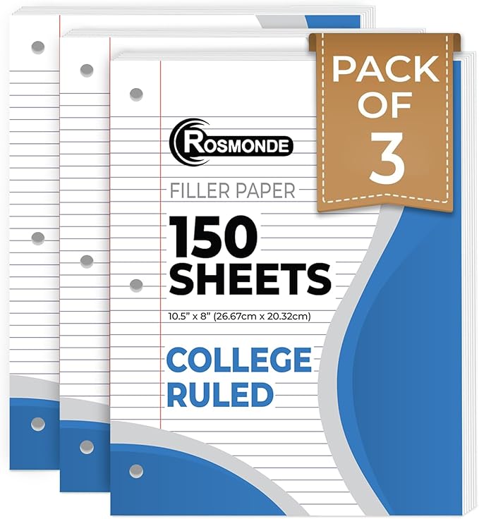 Loose Leaf Paper, 450 Sheets, 3 Pack, College Ruled Paper, 8" x 10.5", Bulk Office Filler Paper, 3 Hole Punched, 150 Sheets/Pack, 56 gsm Paper, College Ruled Notebook Paper for Binder, White-DeskLoop Office