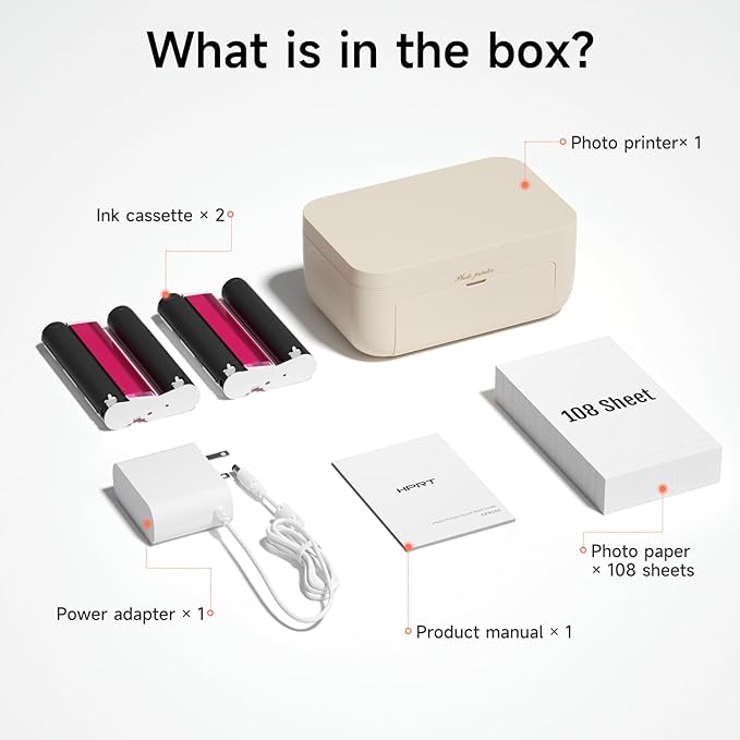 HPRT 4x6 Photo Printer with 108 Sheet Photo Paper& 2 Ribbon, Desktop Instant Picture Printer for iPhone, Smartphone, Thermal Dye Sublimation, WI-Fi Connnecting, Home Use, Beige-DeskLoop Office