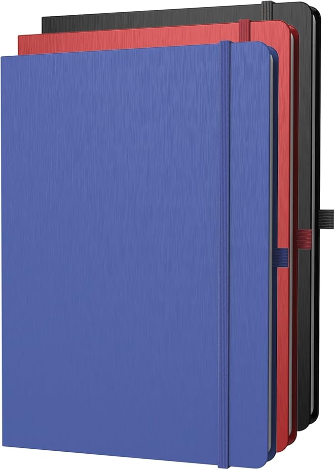 A4 Lined Journal Notebook, 8mm Ruled Notepad, Journaling for Writing, Work, School, Travel and Note Taking, Hardcover 160 Pages (80 Sheets) 8.27 x 11.6 inches, 3 Pack (Black+Blue+Red)-DeskLoop Office