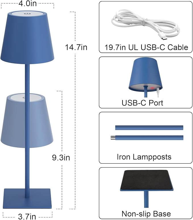 Kakanuo Cordless Rechargeable Table Lamp Navy 5000mAh Battery Operated Lamps - Image 5