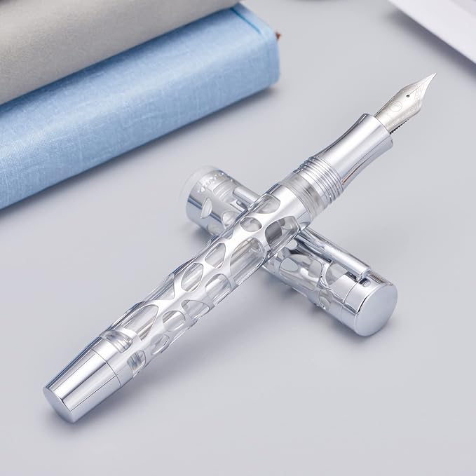 Asvine V169 Vacuum Filling Fountain Pen Fine Nib, Water Drop Skeleton Transparent Acrylic Pen Case Set