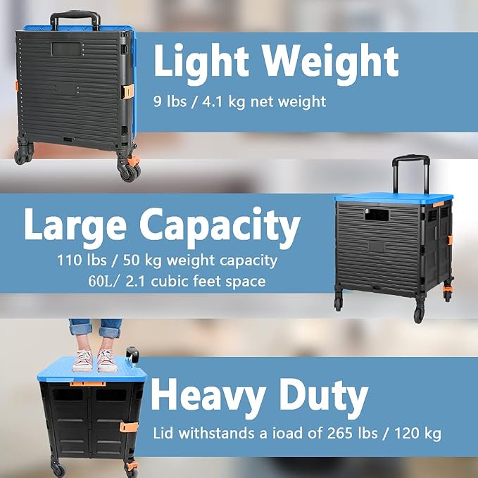FELICON SELORSS Foldable Utility Cart Folding Portable Rolling Crate-Blue | - Image 3