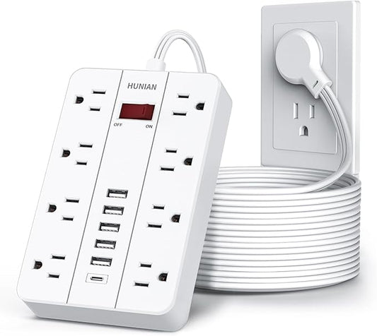 Extension Cord Power Strip Surge Protector 15 Ft, HUNIAN Flat Plug with 8 Widely Spaced Outlets 6 USB (1 USB C Port), Wall Mount Charging Station for Home and Office-DeskLoop Office