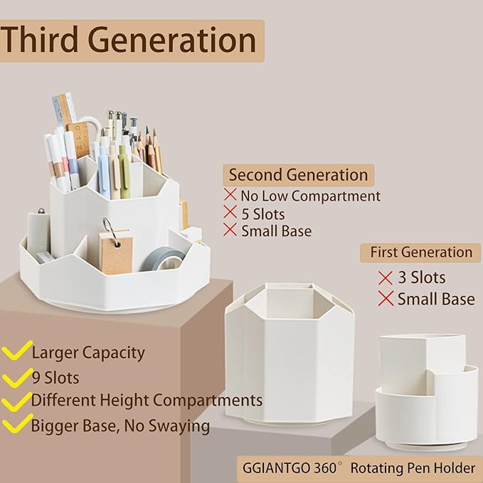 Pencil Pen Holder for Desk, 9 Slots 360 Degree Rotating Desk Organizer, Cute Pen Organizers Stationery Supplies for Office Home & Art Supply (Beige)-DeskLoop Office