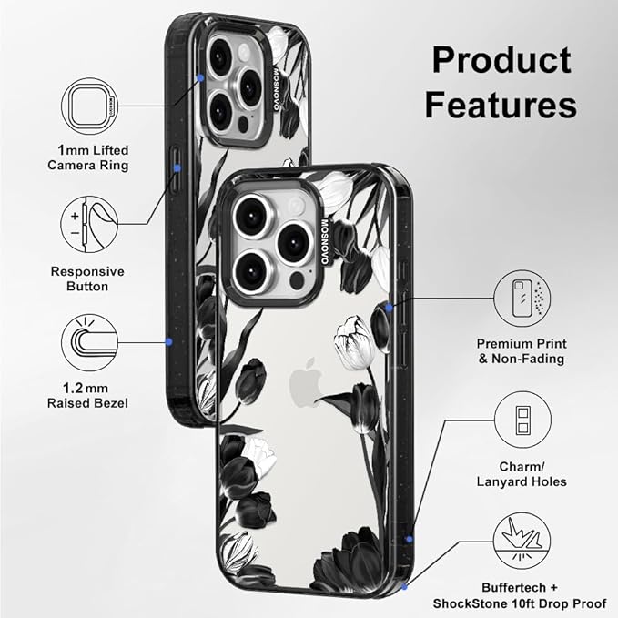 MOSNOVO Case for iPhone 15 Pro, [10ft 4X Military-Grade Drop Protection] Durable & Shockproof Phone Case Cover Design for iPhone 15 Pro - Black White Tulips - Clear Black-DeskLoop Office
