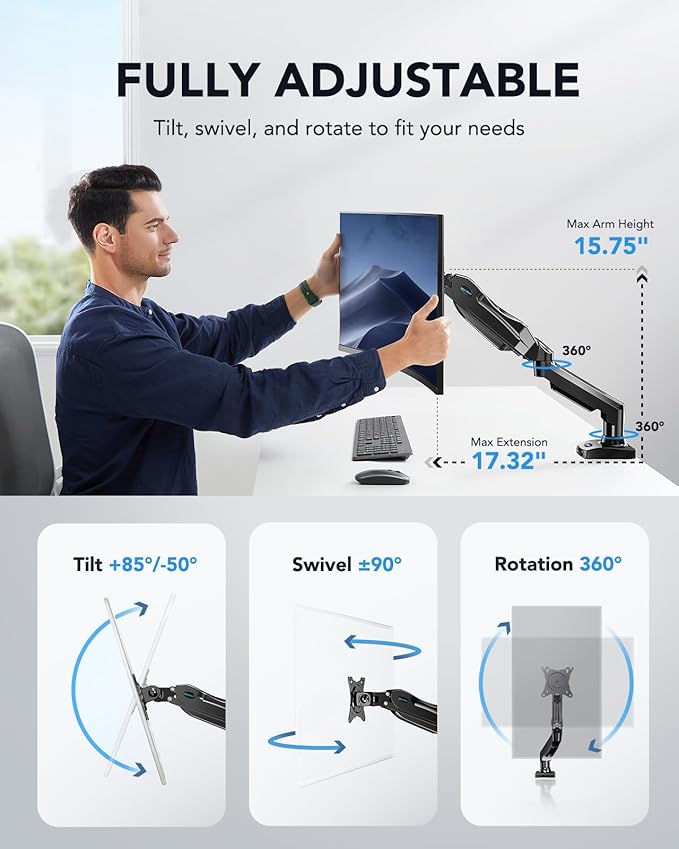 HUANUO Single Monitor Mount, 13 to 32 Inch Gas Monitor Arm, Adjustable Stand, Vesa Mount with Clamp and Grommet Base - Fits 4.4 to 19.8lbs LCD Computer Monitors-DeskLoop Office