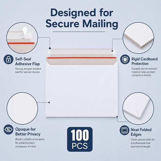 RHBLME 100PCS Stay Flat Mailers, 6x10 Inch Rigid Mailers Cardboard Envelopes - Image 3