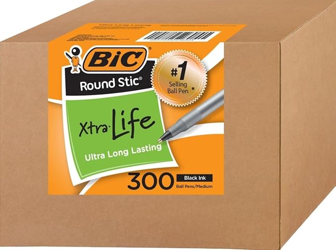 BIC Round Stic Xtra Life Ballpoint Pens, 300 Pack | Bulk Pack of 300 Black Pens by BIC