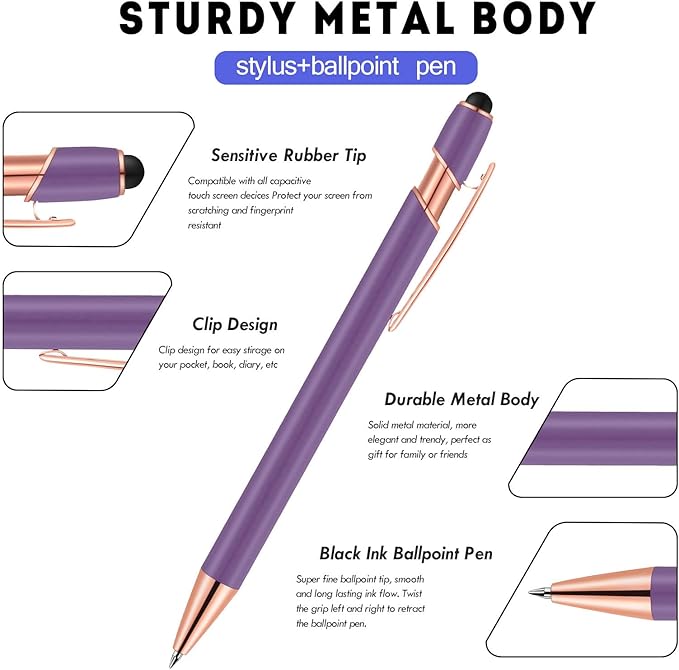 12 PCS 2 in 1 Stylus Ballpoint Pen with Stylus Tip, 1.0 mm Black Ink Metal Pen Stylus Pen for Touch Screens (Light Purple)-DeskLoop Office