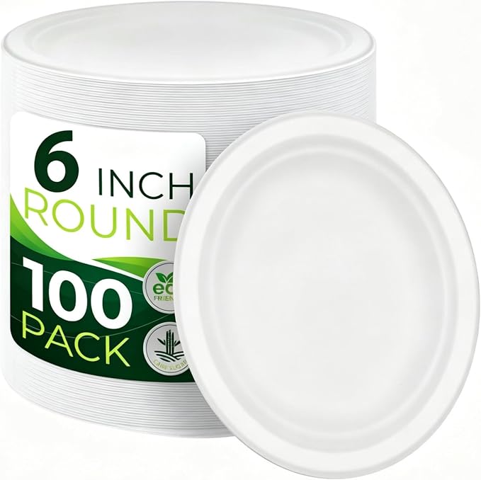 100PCS 100% Small Dessert Plates Disposable, 6 inch Paper Plates, Compostable by Birchio