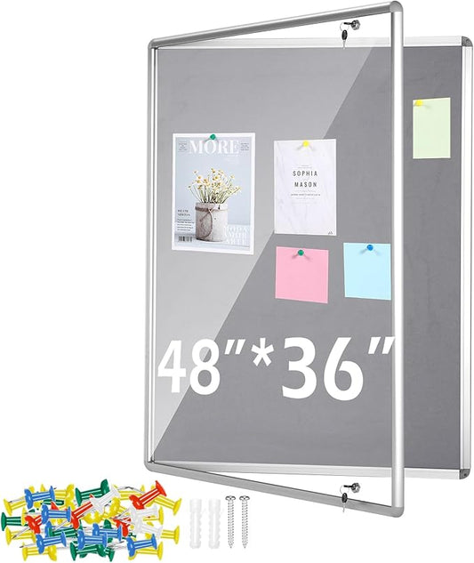 Suzile 1 Pcs Gray Enclosed Bulletin Board Lockable Cork Case Notice Board Aluminum Framed Waterproof Locking Cabinet with Mounting Screws for School Class Office Wall Display Pictures 48x36 Inch-DeskLoop Office