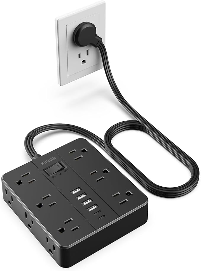 Flat Plug Power Strip Surge Protector, HUNIAN 5 Ft Extension Cord with 12 Widely Spaced Multiple Outlets 6 USB Charger (2 USB C Ports), Desk Charging Station for Home Office Supplies, Black-DeskLoop Office