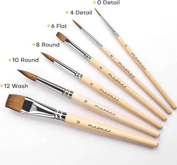Sable Travel Watercolor Brushes, Fuumuui 6pcs Kolinsky Sable Watercolor Travel Brushes with Short Handles - Detail Liner Pointed Round Flat Wash Mop for Watercolor Gouache Ink Painting-DeskLoop Office