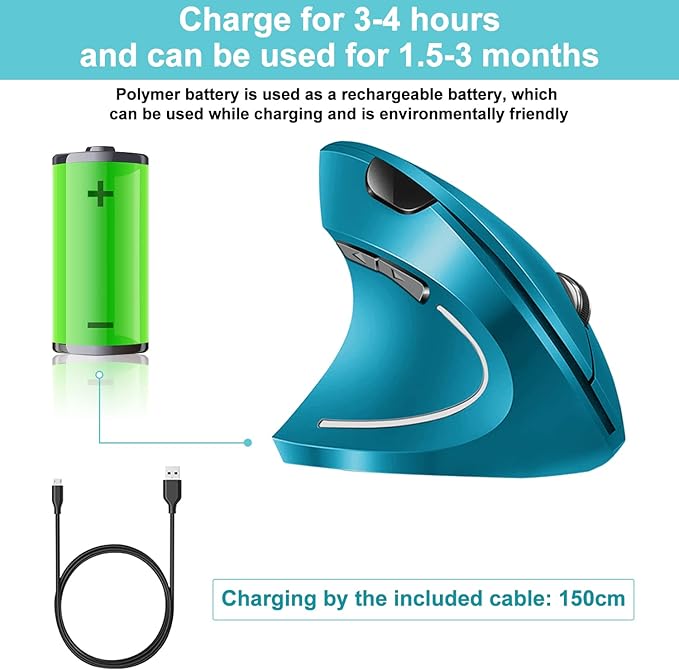 Vassink Ergonomic Wireless Mouse, Rechargeable Mouse 2.4Hz Vertical Wireless Optical Mice with USB Receiver, 6 Buttons for PC,Laptop,etc Blue-DeskLoop Office