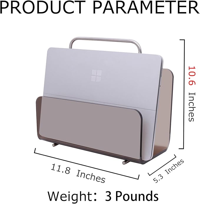 Magazine Holder, Brown Clear Acrylic with Stainless Steel Handle, Tabletop Display Stand-DeskLoop Office