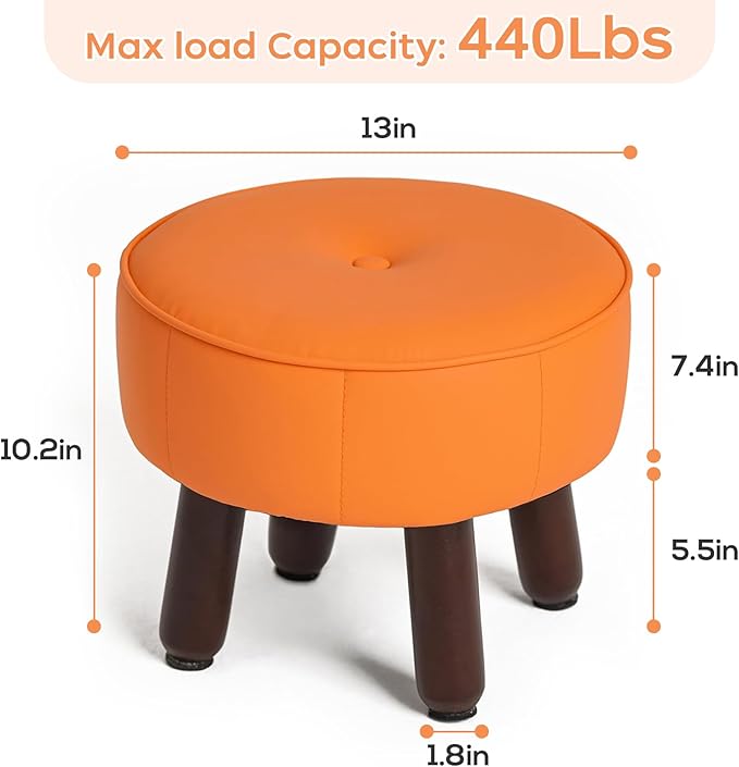 13in Small Foot Stool Ottoman, Round Faux Leather Foot Rest for Couch, Under Desk Pouf Footstool Footrest with Non-Skid Rubber Legs for Ling Room, Bedroom, 13''L x 13''W x 10.2''H, Orange-DeskLoop Office