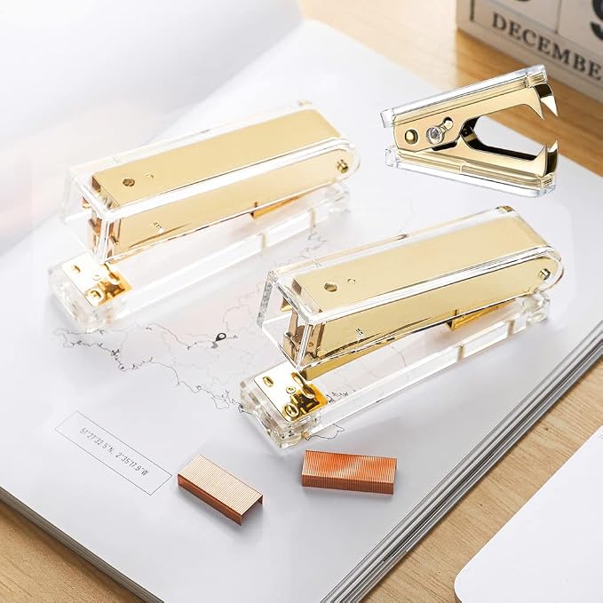 Acrylic Gold Tape Dispenser & Desktop Stapler, Includes Staple Remover - Image 7
