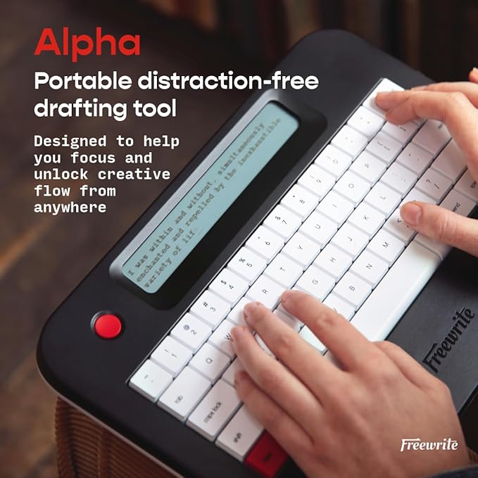 Freewrite Alpha | Distraction-Free Word Processor | Portable Digital Typewriter with Backlit LCD Display, Long Battery Life & Wi-Fi Backup for Writers | E-Typewriter w/Full-Size Mechanical Keyboard-DeskLoop Office