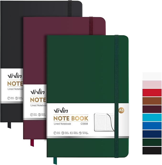 ViVin Lined Journal Notebooks, 3 Pack, 192 Pages, Medium 5.5 x 8.3 inch by ViVin