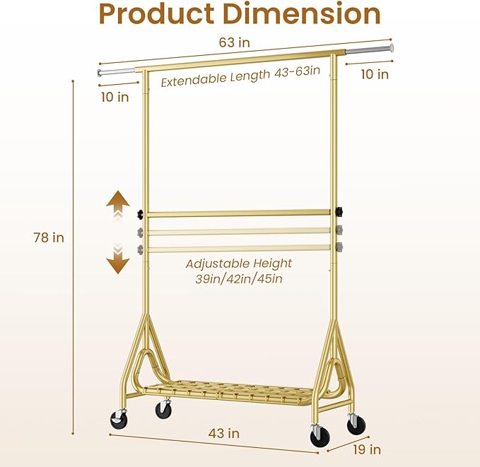 Double Rods Clothing Rack, Heavy Duty Clothes Rack for Hanging Clothes Load 560LBS, Metal Rolling Garment Racks with Wheels, Freestanding Clothes Hanging Racks, Gold-DeskLoop Office