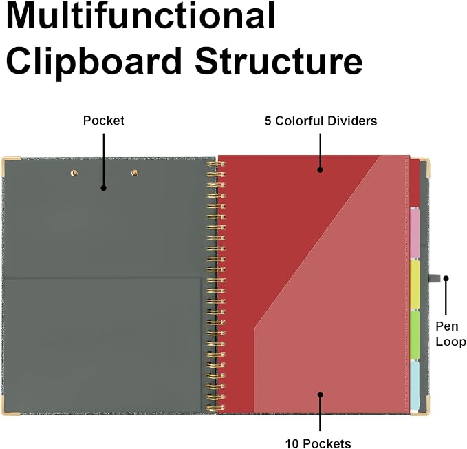 Spiral Clipboard Folio with Storage Pockets 8.5 x 11 Folder Refillable Lined - Image 4