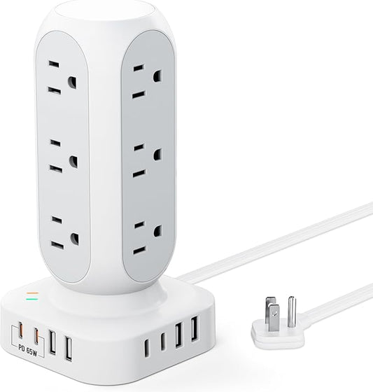 65W Fast Charging Station, Flat Plug Power Strip Tower with 12 AC Outlets & 8 USB Ports (2 PD USB-C Ports), 10FT Extension Cord, Compatible for MacBook Pro, iPhone Series.-DeskLoop Office