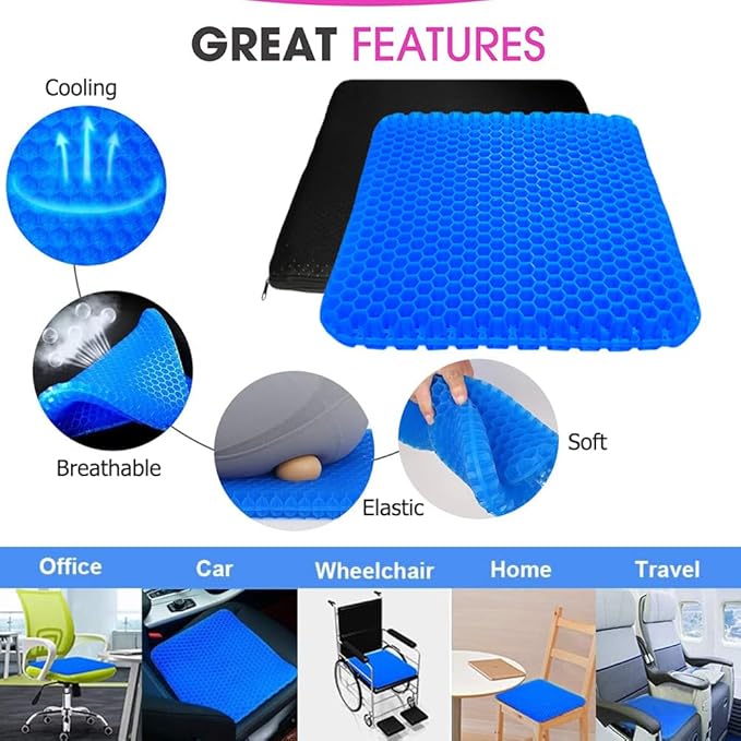 Extra Large Gel Seat Cushion, 17x17inch Double Thick Egg Gel Cushion for Pressure Pain Relief, Breathable Wheelchair Cushion Chair Pads for Car Seat Office Chair (Blue)-DeskLoop Office