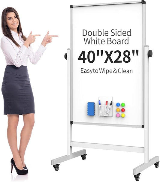 40x28 Inches Mobile Whiteboard, Double Sided Magnetic Dry Erase Board Height Adjustable Whiteboard with Stand for Home Office Classroom-DeskLoop Office